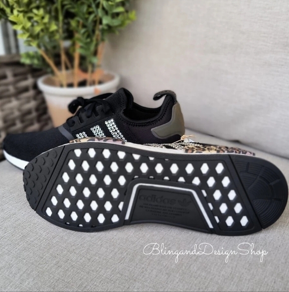 Women's Bling Adidas NMD R1 Leopard Print Black Shoes made with Crystals - Picture 3 of 8